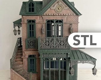 ビクトリアン ドールハウス タウンハウス STL 1:12 – 開閉式ドア、バルコニー、ヘリンボーン床を備えたプレミアムミニチュアドールハウス