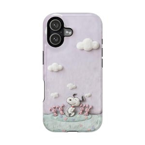 May include: A lavender phone case featuring Snoopy and several pink bunnies in a field with white clouds. The case has a textured surface and a camera cutout at the top.