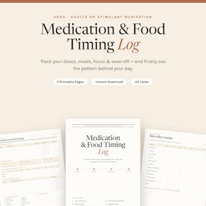 Peut inclure: Un journal imprimable de suivi des médicaments et de l'alimentation pour le TDAH au format US Letter. Le document comprend des sections pour noter les doses quotidiennes, les repas, la concentration et les effets, avec sept pages au total.