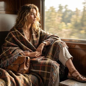 May include: A brown plaid throw blanket with fringe edges, a tan leather satchel bag, and a small rectangular wallet. The blanket features a pattern of intersecting lines in shades of brown, tan, and blue, draped over a person wearing light trousers.