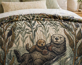 Woven Sea Otter Kelp Forest Tapestry Throw | Vintage Style Cotton Blanket, Coastal Wall Art Wildlife and Nature Gifts