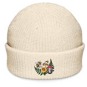 Flowered Mushroom Garden Embroidered Bee Fisherman Beanie