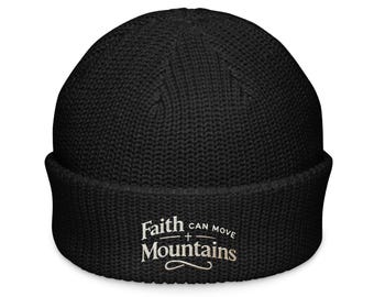 Gorro de pescador bordado con la frase "La fe puede mover montañas"