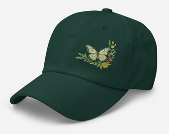 Gorra de papá con mariposa bordada, gorra floral de perfil bajo
