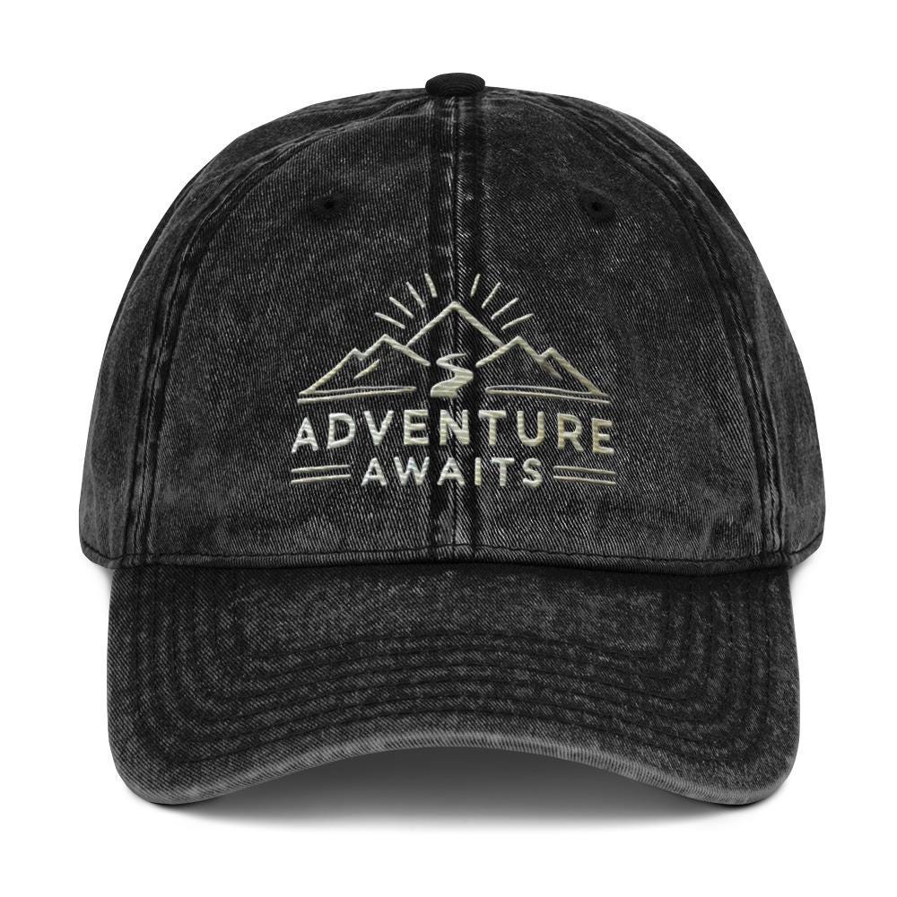 Embroidered Adventure Awaits Mountain Hiking Trail Vintage Cap Great Gift Idea Womens Hat Mens Hat Camping