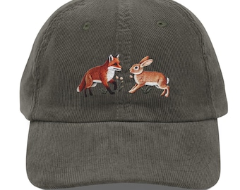 Embroidered Fox and Rabbit Vintage Corduroy Cap – Stylish Nature-Inspired