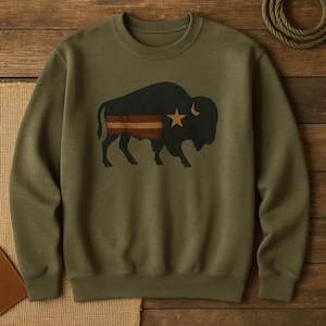 Patriotic Bison Graphic Crewneck Sweatshirt Vintage Americana Buffalo Sweater Trini Skies Supply Co.