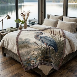 Bird Lake House Throw Blanket | Woven Blue Heron Tapestry | Vintage Coastal Decor | Personalized State & River Gift