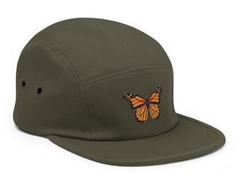 Monarch Butterfly Embroidered 5-panel Camp Hat – Olive Green
