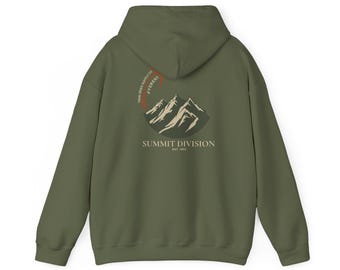 May include: A green hooded sweatshirt with a mountain range graphic and the text "Summit Division Est. 1983" on the back.