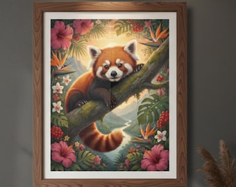 Red Panda Botanical Art Print – Vintage-Inspired Wildlife Wall Art | Tropical Forest Illustration
