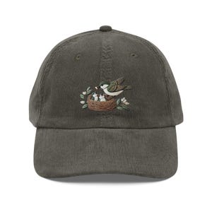 Mama Bird Feeding Baby Birds Corduroy Cap – Embroidered Nature Design