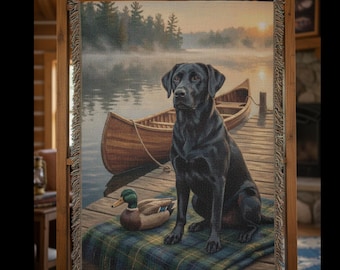 Black Lab by the Dock –  Labrador Retrievers Woven Cotton Heritage Blanket Pet Lovers Gift