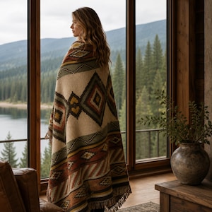 May include: A woven throw blanket featuring a geometric pattern in shades of cream, olive green, rust orange, and dark brown. The blanket has a textured knit construction with a fringed edge along the bottom, displaying diamond and chevron motifs.