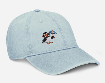 Playful Puffin Denim Cap Embroidered Bird Design Sea Clown