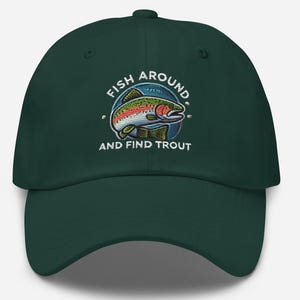 Gorra de papá bordada para pescar y encontrar truchas. Gran regalo para pesca, aventuras, campamentos y senderismo.