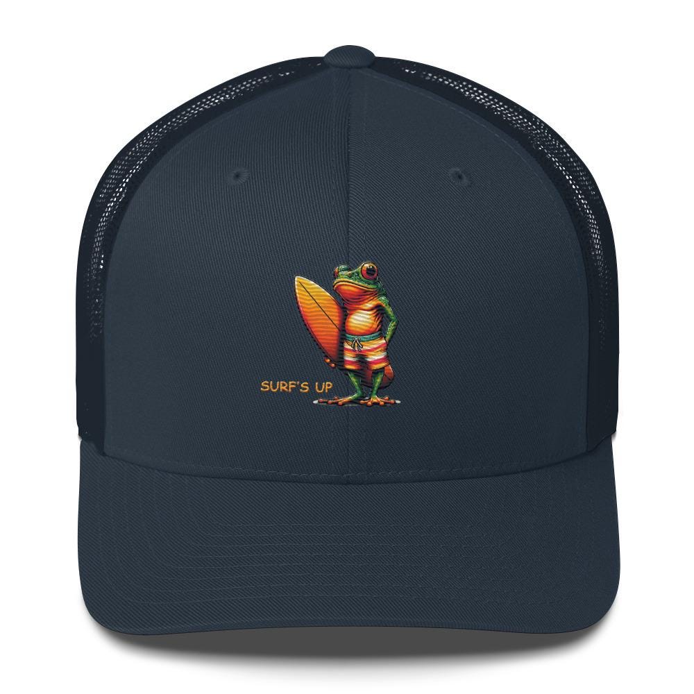 Surfs up Surfing Frog Embroidered Trucker Cap by Trini Skies