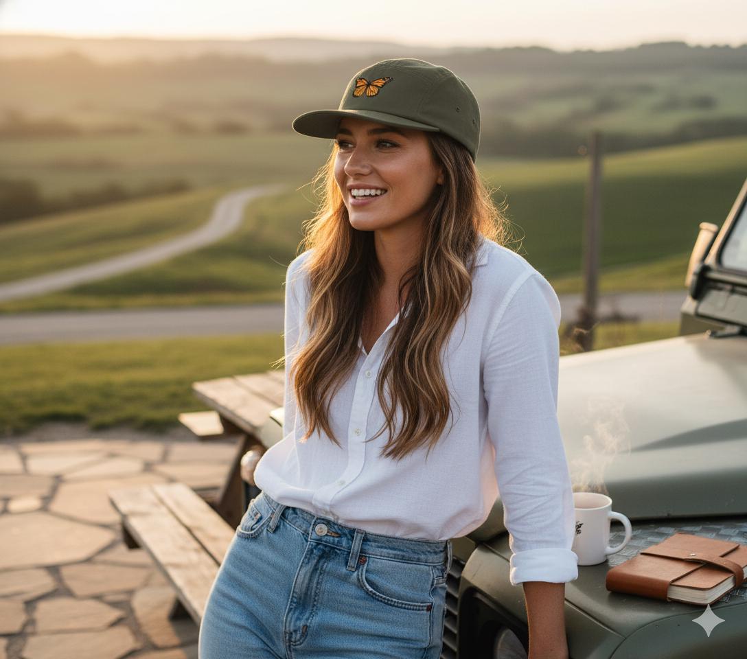 Monarch Butterfly Embroidered 5-panel Camp Hat – Olive Green