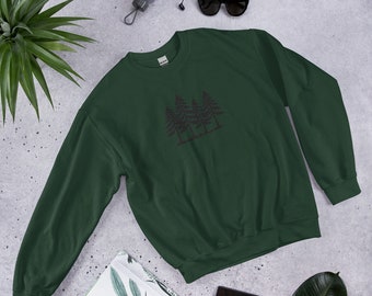 Sweatshirt geborduurd dennenboom – uniseks bosontwerp