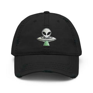 Alien UFO Embroidered Distressed Dad Hat | Adjustable Strap | Low Profile