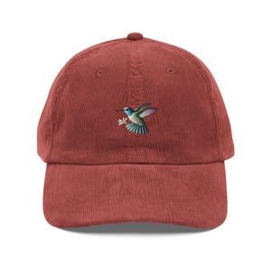 Chapeau oiseau brodé Casquette vintage en velours côtelé colibri – Chapeau oiseau animalier réglable