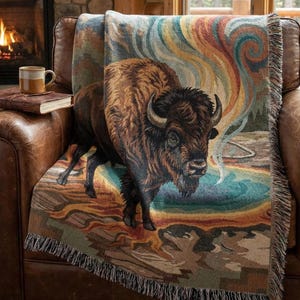 The Prism Bison – Woven Tapestry Throw & Wall Art | Yellowstone National Park Psychedelic Western Design | Luxury Jacquard Decor