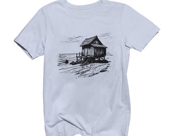 By the Shore Cabin Tee Tranquil Waterfront Design Tshirt
