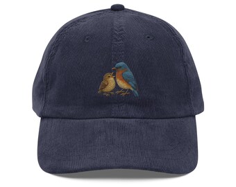 Blue Bird Embroidered Vintage Corduroy Cap Unique Retro Hat