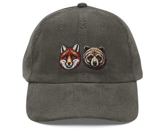 Embroidered Fox and Bear Vintage Corduroy Cap – Perfect Gift for Nature Lovers