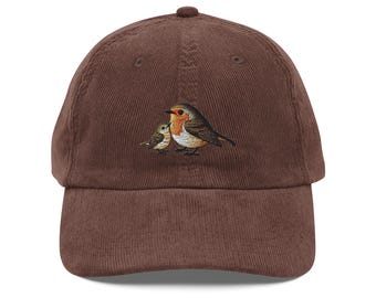 Embroidered Bird Hat Robin and Baby Vintage corduroy cap