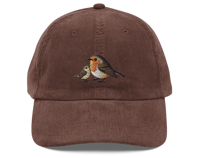 Bird Hat Embroidered Robin and Baby Vintage Inspired Corduroy Cap Nature Lover Gift