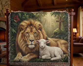 Lion and Lamb Woven Throw Blanket – Heritage Faith Tapestry Wildlife Gifts