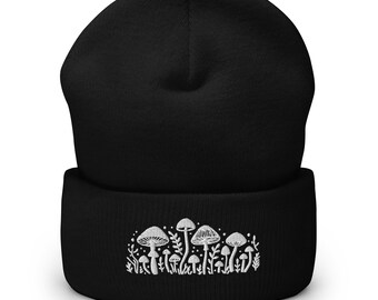 MUSHROOM BEANIE - Spooky Embroidered Black Beanie, Skull  display picture 2