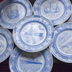 26.5 cm (10&quot;) Set of 6 wall plates, plates with ships, collectible series, Collector’s Plate, Made by Mason&#39;s, white and blue plates,