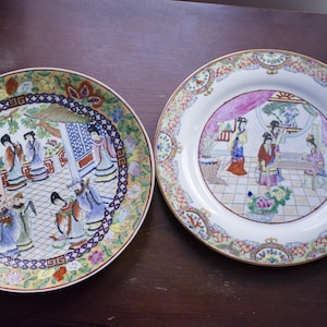 Set of 2 decorative plates, handpainted, Chinese Porcelain Charger Plate Hand Painted Canton Famille Rose Vintage China, wall plates,