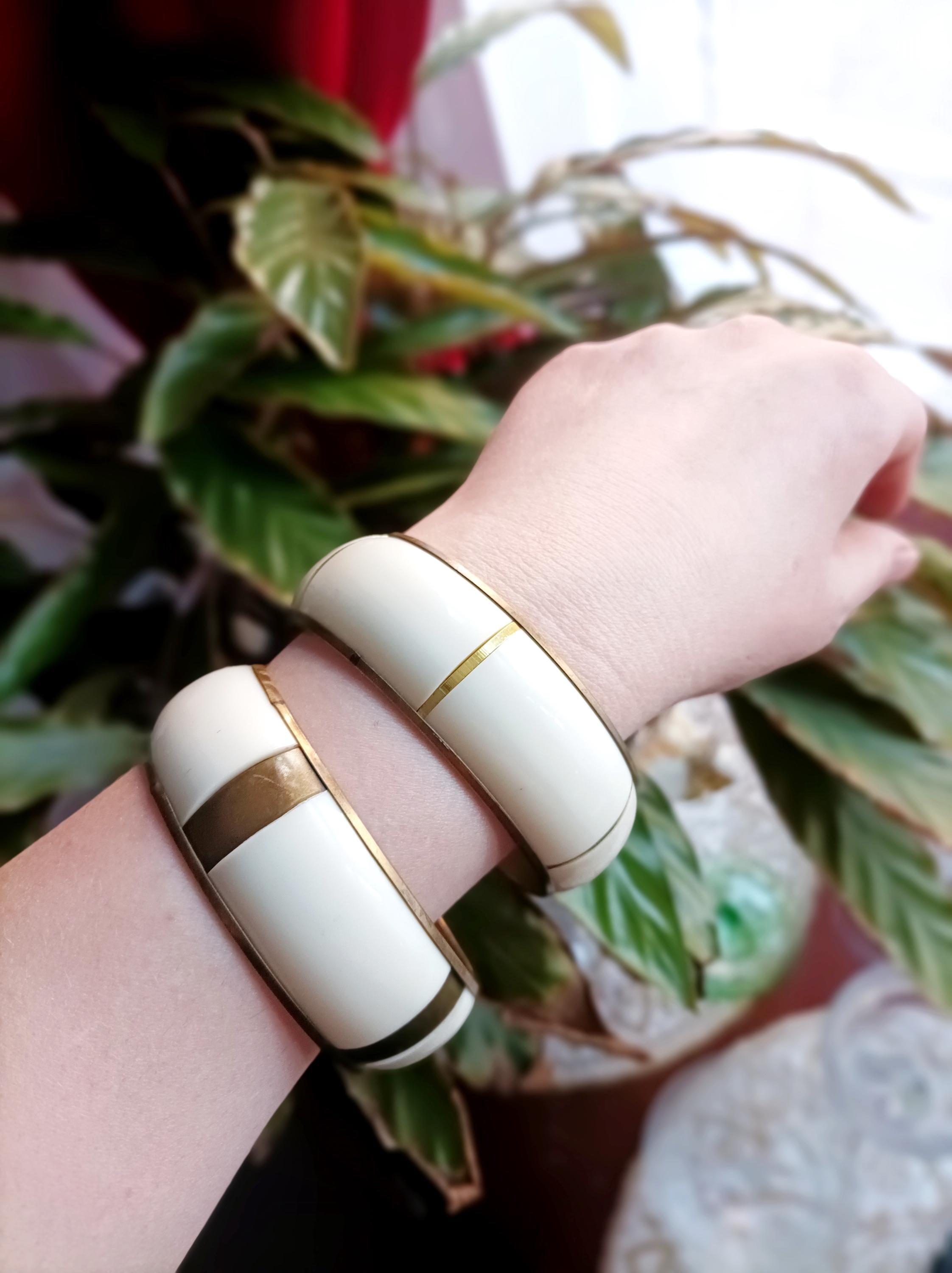 2 X Chunky and Thick Vintage Brass and Plastic Bangles Made in
