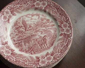 6 3/4 " 17.5 cm  set of 5 vintage side plates Broadhurst Ironstone, Constable Series, red/pink white transfer pattern vintage plates