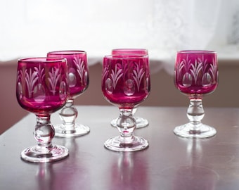 Set of 5 glasses Antique Bohemian cranberry / red overlay glasses with bubble stems and coin dot design, Cut To Clear