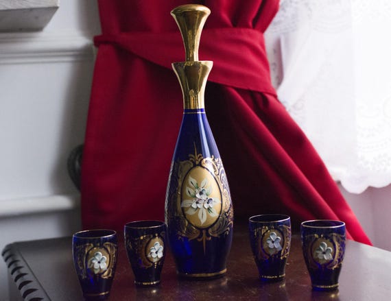 MURANO Decorato a Mano 金彩 オパーリン デカンタ 香水瓶 Salviati Venetian Murano Glass, Vintage Cobalt Blue Decanter Set