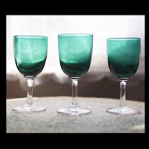 Set of 3 Antique Hand Blown Bristol Green Glass With Clear Stem Wine Sherry Glasses