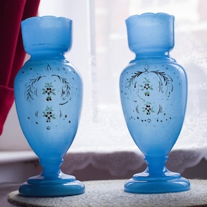 11&quot; Set of 2 big blue ANTIQUE hand painted Opaline Vases, Decoration Vases, Antique handblown Bristol,