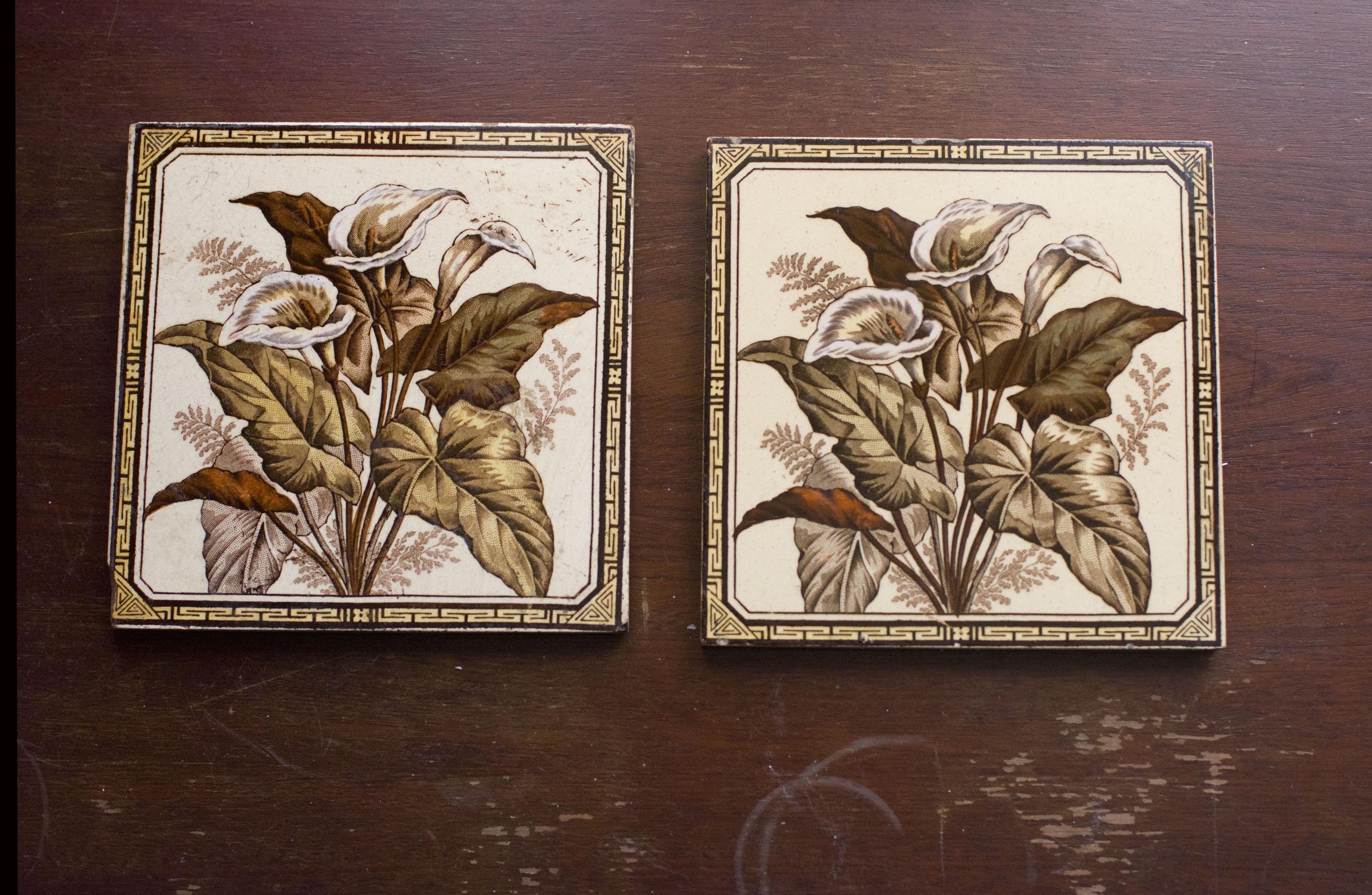 2 X Antique 1880s Decorative Art Tile Company Aesthetic Movement