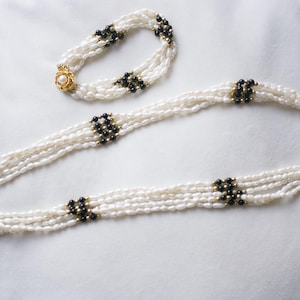 Vintage 5 strand pearl necklace and bracelet, gold clasp, rice shape pearls, black and gold beads, Freshwater Rice Pearl Necklace