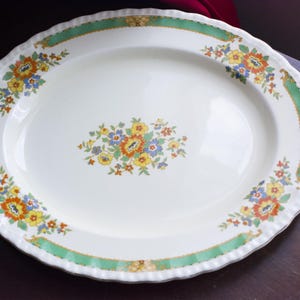 14.5&quot; Vintage Grindley big serving plate, Oval Serving Platter, made in England, Green Band, Floral Rim & Center, Scalloped, flower dish,