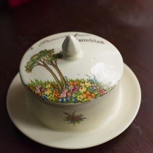May include: A white ceramic butter dish with a floral design and a lid with a small knob on top. The lid has the text "A Present from" and "Tumbles" on it.