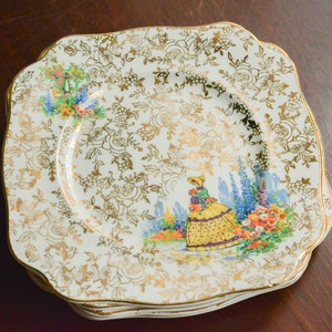 Vintage H&K Tunstall Gold Chintz Crinoline Lady 9” Square Cake Plate