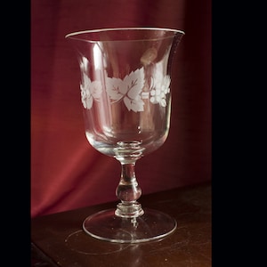 Vintage Glass Vase with Etched Grape & Leaf Design, Rayware Glass, mid-century glass, acid engraved glass