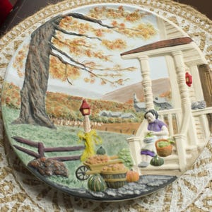 3D Decorative Ceramic Hand Painted, Fall Scene, Wall Plate, Vintage Art pottery, wall hanging plate, Farmhouse Countryside
