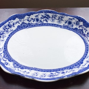 Large white and blue meat platter, transfer pattern, flower dish, large serving dish, made in England,