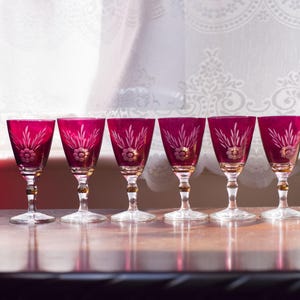 6 copas rojas vintage de arándanos. Anillos dorados, grabados con diamantes, copas pequeñas de vid, vasos de licor/chupito grabados en rojo.